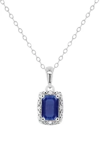 Sterling Silver 6x4mm Emerald Cut Sapphire Diamond Accent Halo Pendant Necklace