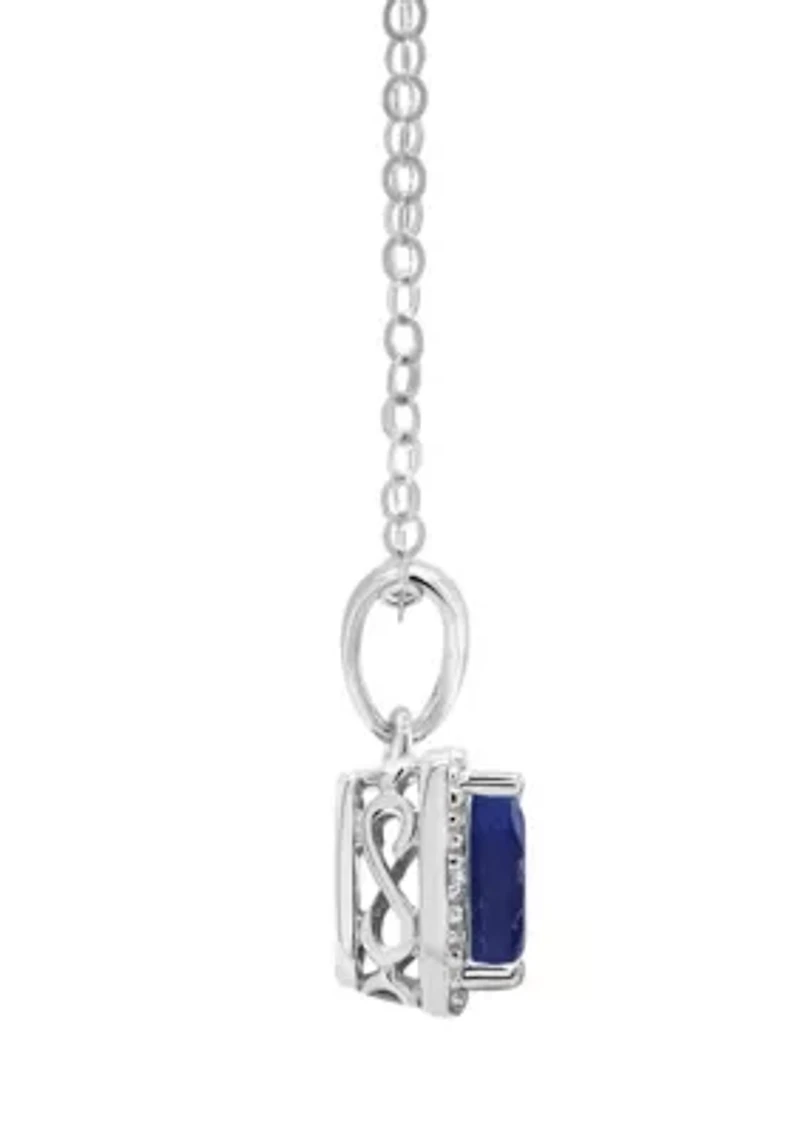 Sterling Silver 6x4mm Emerald Cut Sapphire Diamond Accent Halo Pendant Necklace