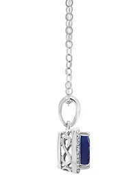 Sterling Silver 6x4mm Emerald Cut Sapphire Diamond Accent Halo Pendant Necklace