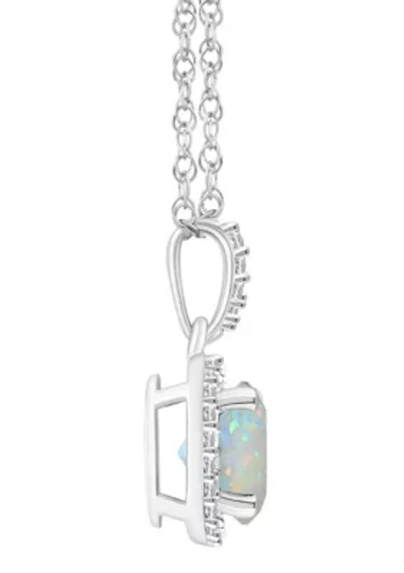 Lab Created 10K White Gold 7mm Round Created Opal And Created White Sapphire Halo Pendant Necklace