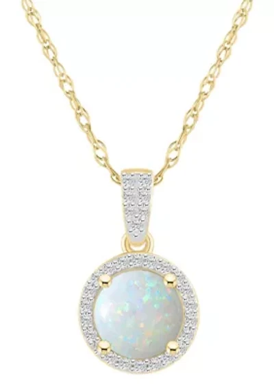 Lab Created 10K Yellow Gold 7mm Round Created Opal & Created White Sapphire Halo Pendant Necklace