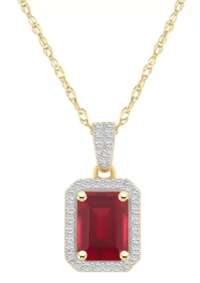 Lab Created 10K Yellow Gold 8x6mm Emerald Cut Created Ruby & Created White Sapphire Halo Pendant Necklace