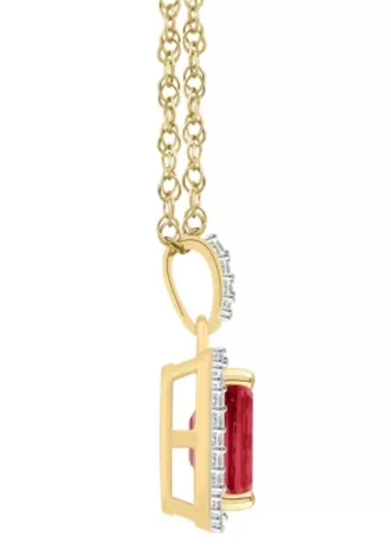 Lab Created 10K Yellow Gold 8x6mm Emerald Cut Created Ruby & Created White Sapphire Halo Pendant Necklace
