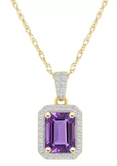 10K Yellow Gold 8x6mm Emerald Cut Amethyst & Created White Sapphire Halo Pendant Necklace