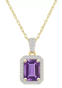 10K Yellow Gold 8x6mm Emerald Cut Amethyst & Created White Sapphire Halo Pendant Necklace
