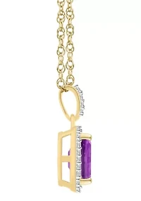 10K Yellow Gold 8x6mm Emerald Cut Amethyst & Created White Sapphire Halo Pendant Necklace