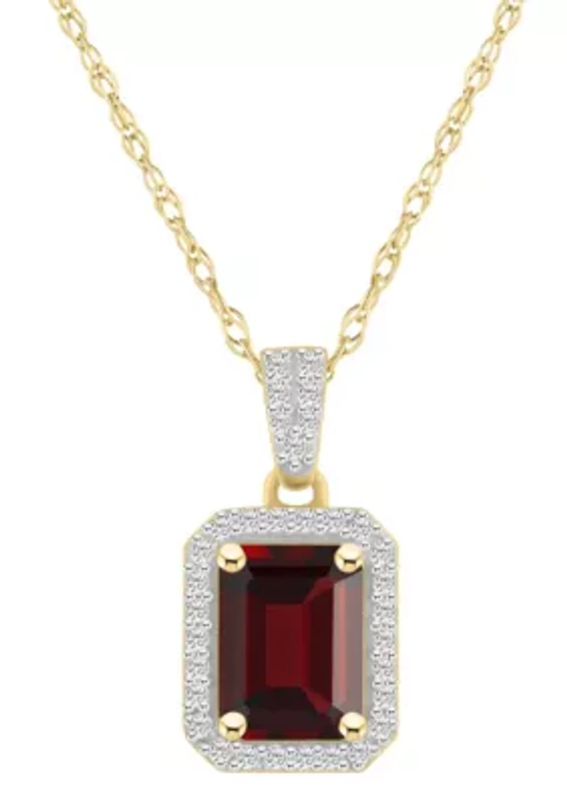 10K Yellow Gold 8x6mm Emerald Cut Garnet & Created White Sapphire Halo Pendant Necklace