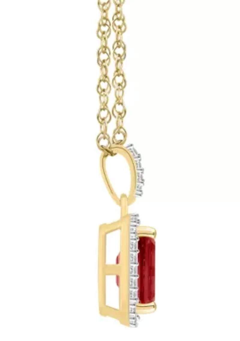 10K Yellow Gold 8x6mm Emerald Cut Garnet & Created White Sapphire Halo Pendant Necklace