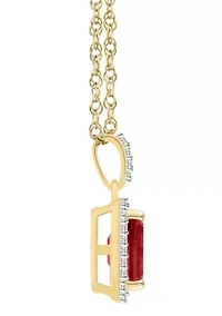 10K Yellow Gold 8x6mm Emerald Cut Garnet & Created White Sapphire Halo Pendant Necklace