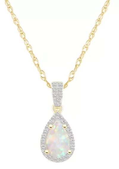 Lab Created 10K Yellow Gold 8x5mm Pear Shape Created Opal And Created White Sapphire Halo Pendant Necklace