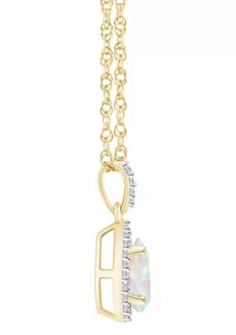 Lab Created 10K Yellow Gold 8x5mm Pear Shape Created Opal And Created White Sapphire Halo Pendant Necklace