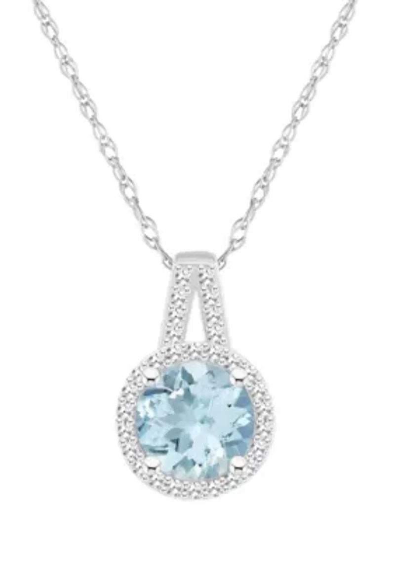 Sterling Silver 7mm Round Aquamarine 1/6 CTTW Diamond Halo Pendant Necklace