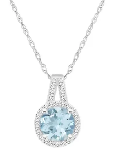 Sterling Silver 7mm Round Aquamarine 1/6 CTTW Diamond Halo Pendant Necklace