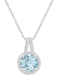 Sterling Silver 7mm Round Aquamarine 1/6 CTTW Diamond Halo Pendant Necklace