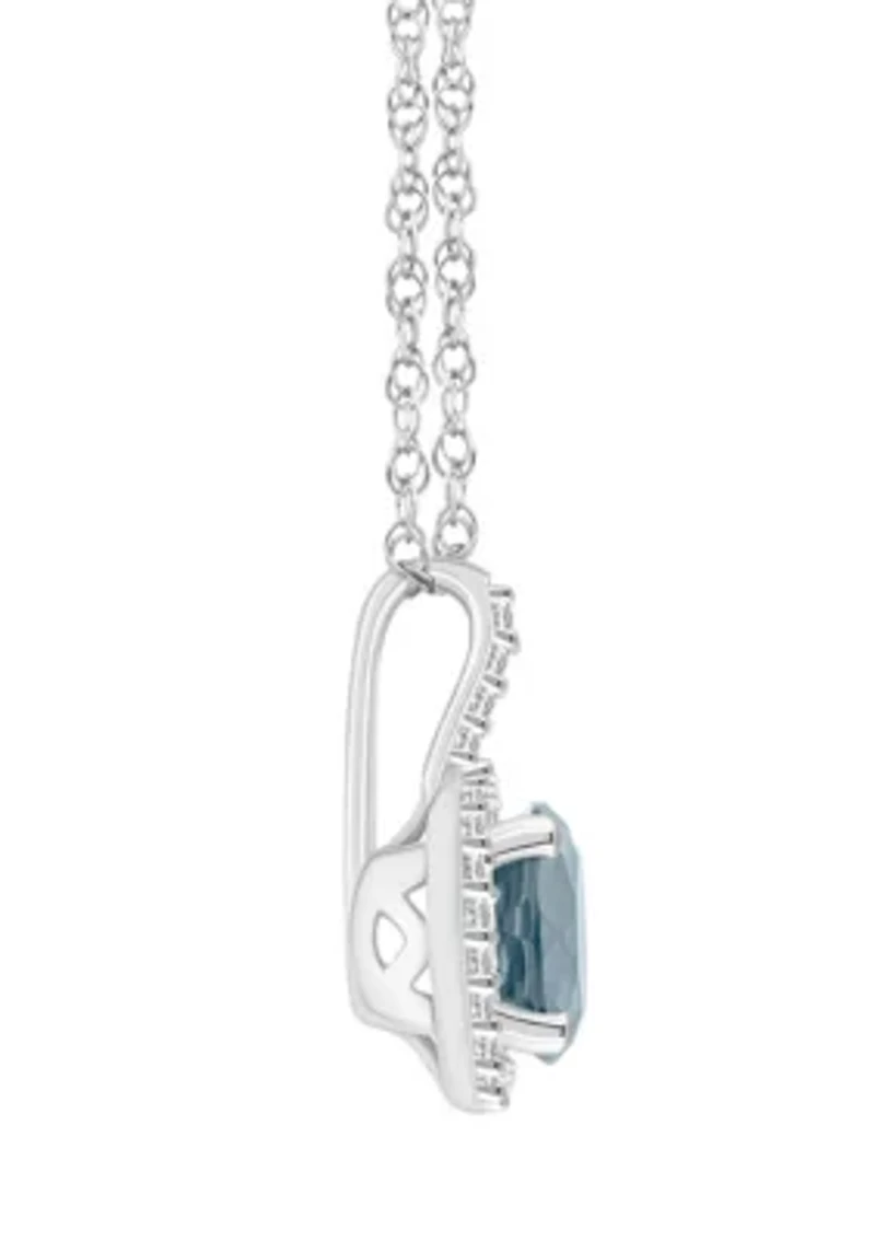 Sterling Silver 7mm Round Aquamarine 1/6 CTTW Diamond Halo Pendant Necklace