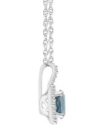 Sterling Silver 7mm Round Aquamarine 1/6 CTTW Diamond Halo Pendant Necklace