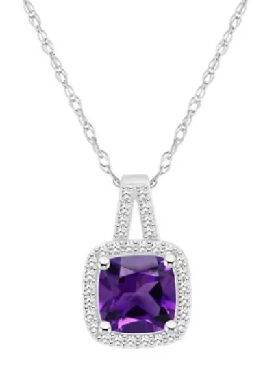 Sterling Silver 7mm Cushion Amethyst 1/6 CTTW Diamond Halo Pendant Necklace