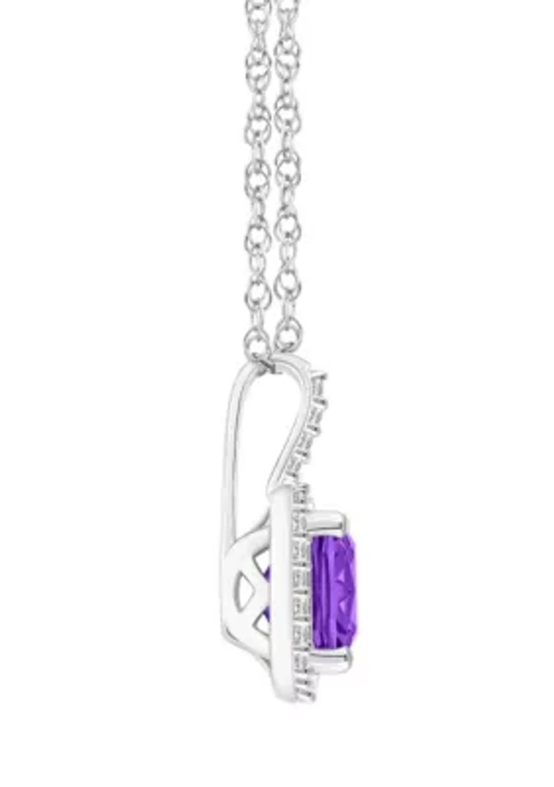 Sterling Silver 7mm Cushion Amethyst 1/6 CTTW Diamond Halo Pendant Necklace