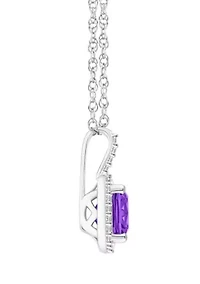 Sterling Silver 7mm Cushion Amethyst 1/6 CTTW Diamond Halo Pendant Necklace