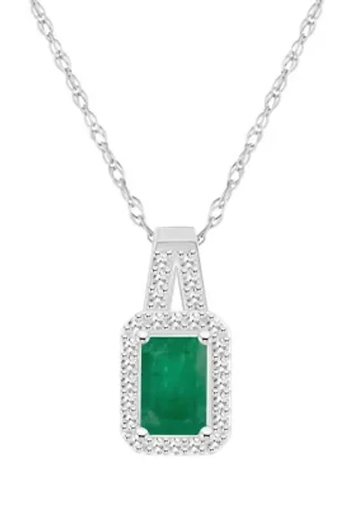 Sterling Silver 6x4mm Emerald Cut Emerald 1/8 CTTW Diamond Halo Pendant Necklace
