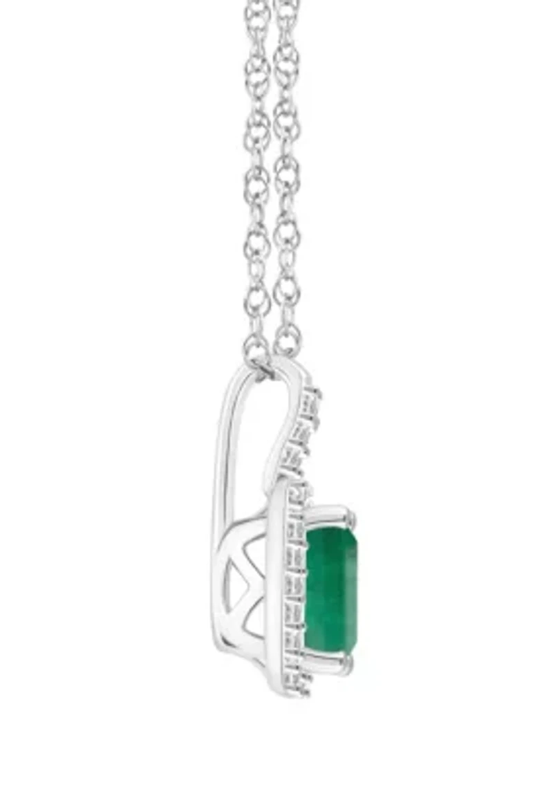 Sterling Silver 6x4mm Emerald Cut Emerald 1/8 CTTW Diamond Halo Pendant Necklace