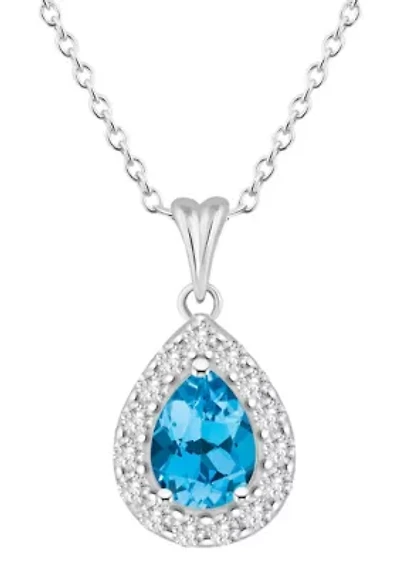 Sterling Silver 8x5mm Pear Shape Blue Topaz And White Topaz Halo Pendant Necklace