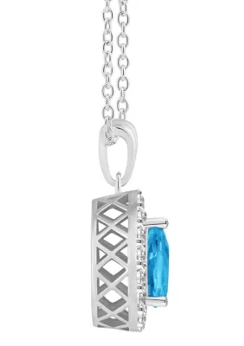 Sterling Silver 8x5mm Pear Shape Blue Topaz And White Topaz Halo Pendant Necklace