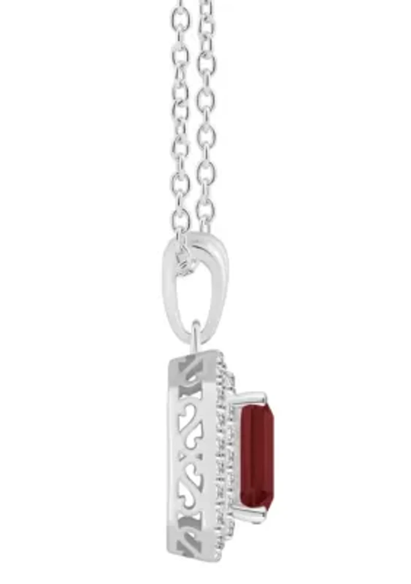 Sterling Silver 8x6mm Emerald Cut Garnet And White Topaz Double Halo Pendant Necklace