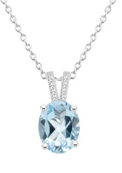 Sterling Silver 10x8mm Oval Sky Blue Topaz Diamond Accent Pendant Necklace