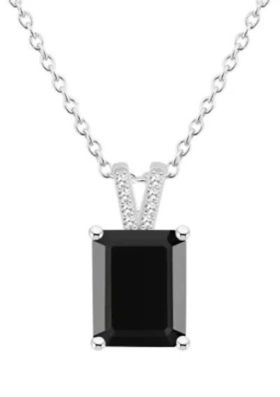 Sterling Silver 10x8mm Emerald Cut Black Onyx Diamond Accent Pendant Necklace