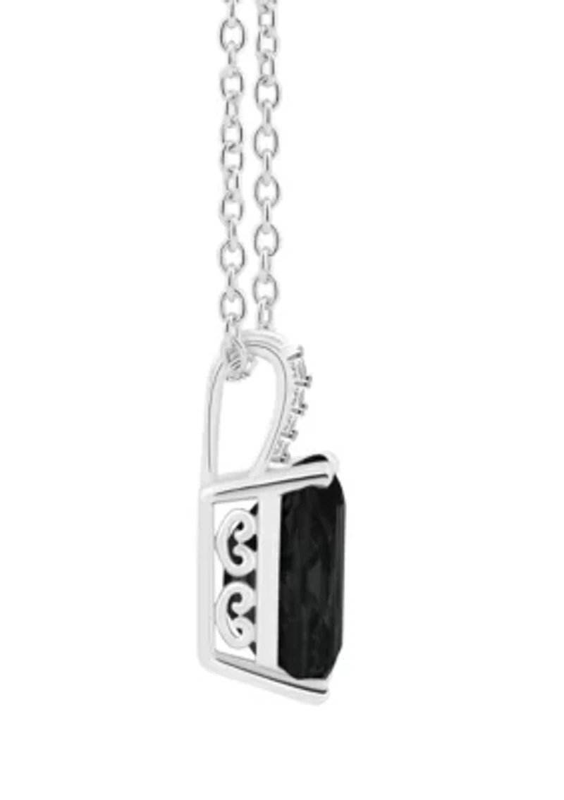 Sterling Silver 10x8mm Emerald Cut Black Onyx Diamond Accent Pendant Necklace