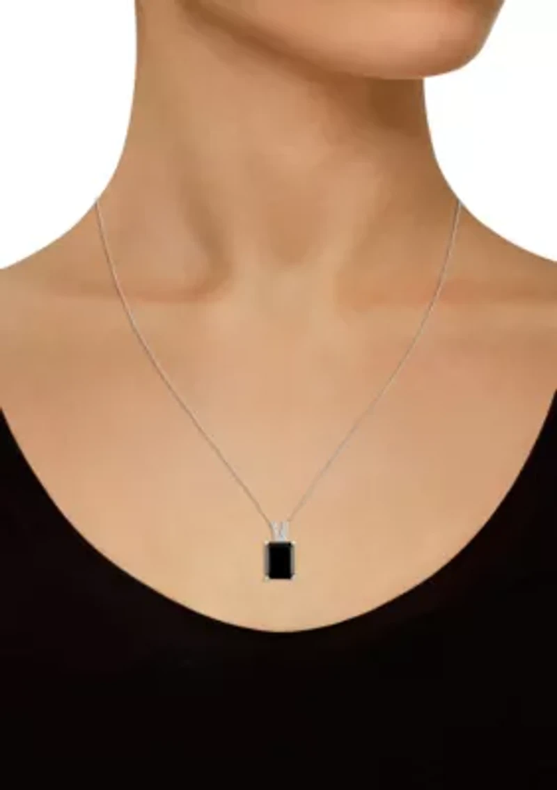 Sterling Silver 10x8mm Emerald Cut Black Onyx Diamond Accent Pendant Necklace