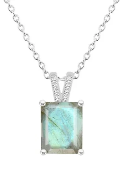 Sterling Silver 10x8mm Emerald Cut Labradorite Diamond Accent Pendant Necklace