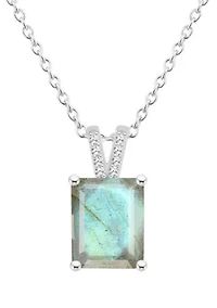 Sterling Silver 10x8mm Emerald Cut Labradorite Diamond Accent Pendant Necklace