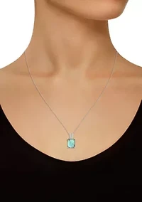 Sterling Silver 10x8mm Emerald Cut Labradorite Diamond Accent Pendant Necklace