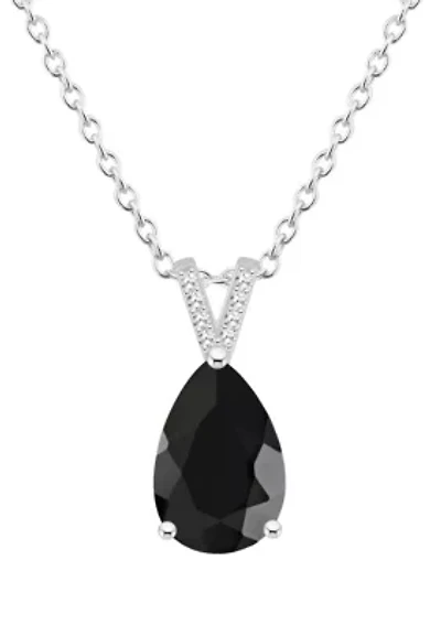 Sterling Silver 12x8mm Pear Shape Black Onyx Diamond Accent Pendant Necklace