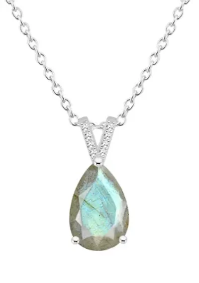 Sterling Silver 12x8mm Pear Shape Labradorite Diamond Accent Pendant Necklace