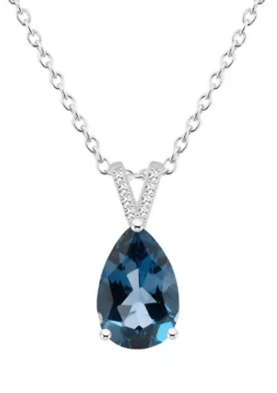 Sterling Silver 12x8mm Pear Shape London Blue Topaz Diamond Accent Pendant Necklace
