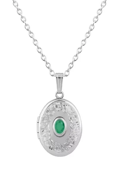 Sterling Silver 6x4mm Oval Emerald Locket Pendant Necklace