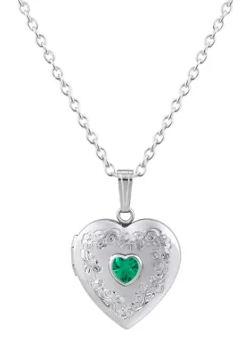 Lab Created Sterling Silver 5mm Heart Shape Created Emerald Locket Pendant Necklace