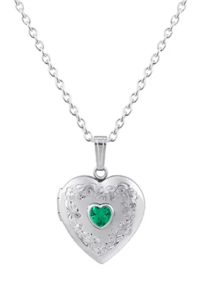 Lab Created Sterling Silver 5mm Heart Shape Created Emerald Locket Pendant Necklace