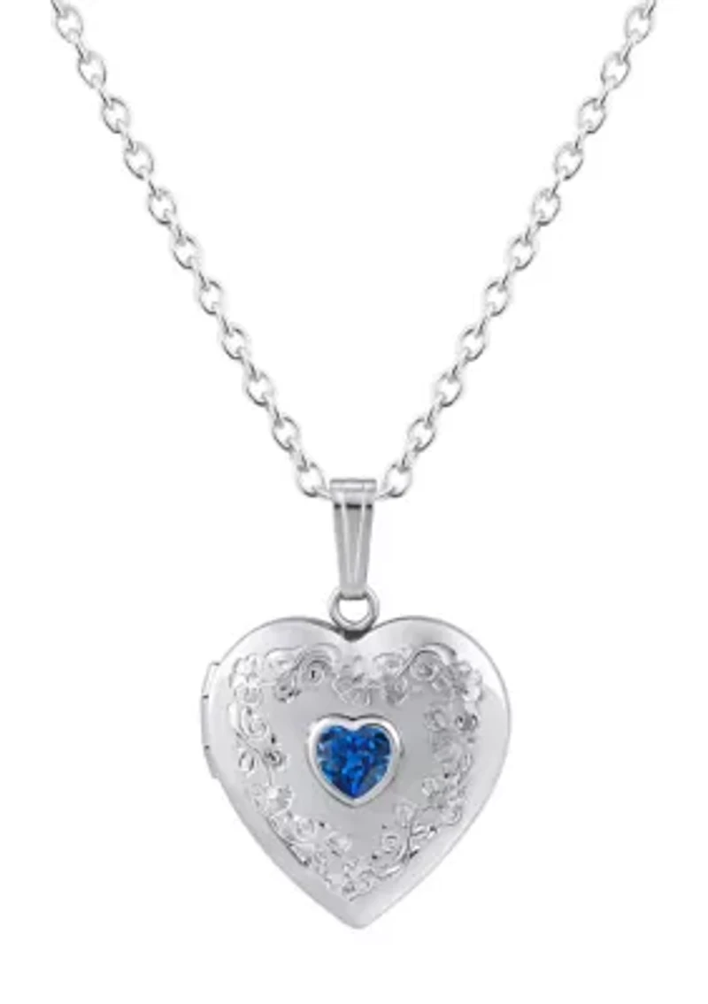 Lab Created Sterling Silver 5mm Heart Shape Created Sapphire Locket Pendant Necklace