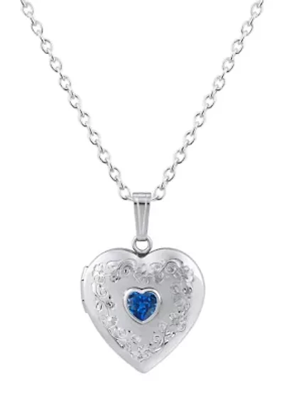 Lab Created Sterling Silver 5mm Heart Shape Created Sapphire Locket Pendant Necklace