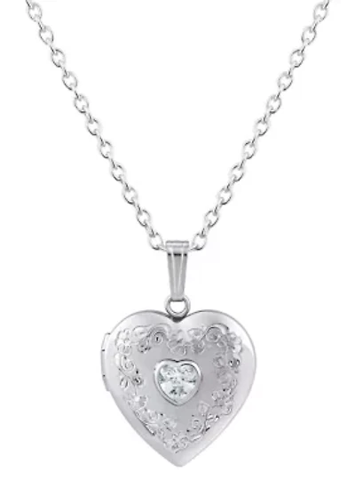 Sterling Silver 5mm Heart Shape White Topaz Locket Pendant Necklace