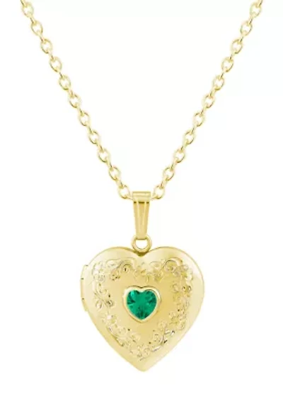 Lab Created Sterling Silver/14K Yellow Gold Plated 5mm Heart Shape Created Emerald Locket Pendant Necklace