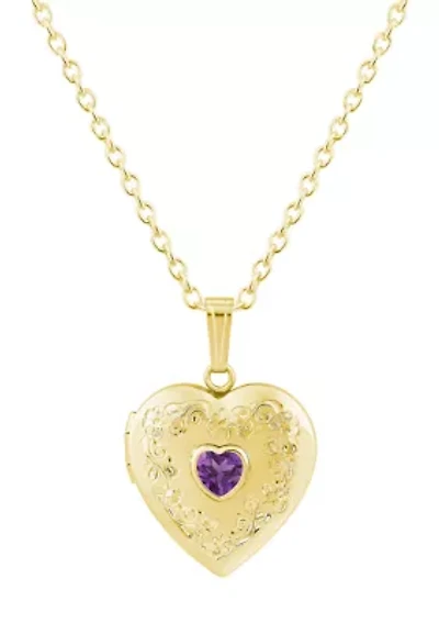 Sterling Silver/14K Yellow Gold Plated 5mm Heart Shape Amethyst Locket Pendant Necklace