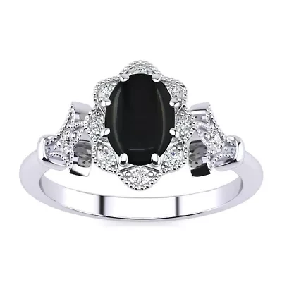 1 ct. t.w. Oval Shape Black Onyx and Halo Diamond Ring In Sterling Silver