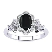 1 ct. t.w. Oval Shape Black Onyx and Halo Diamond Ring In Sterling Silver