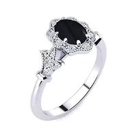 1 ct. t.w. Oval Shape Black Onyx and Halo Diamond Ring In Sterling Silver