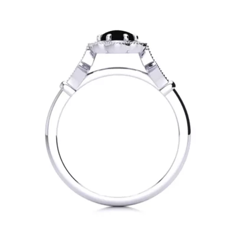 1 ct. t.w. Oval Shape Black Onyx and Halo Diamond Ring In Sterling Silver
